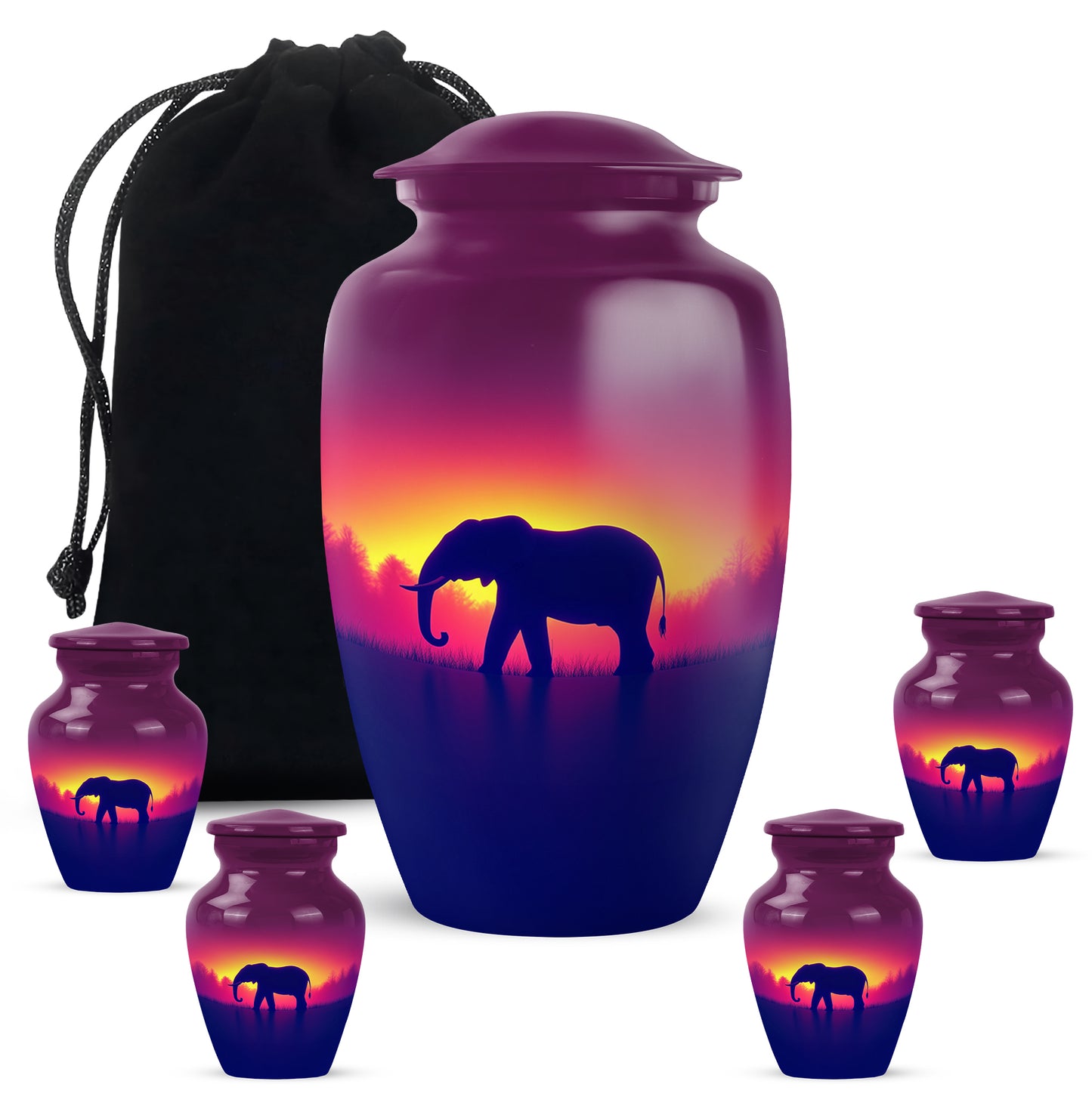 Pastel Pink Elephant Cremation Urn top-down view of secure threaded lid - timeless elephant motif etched into premium metal - memorial set with one large and four small urns