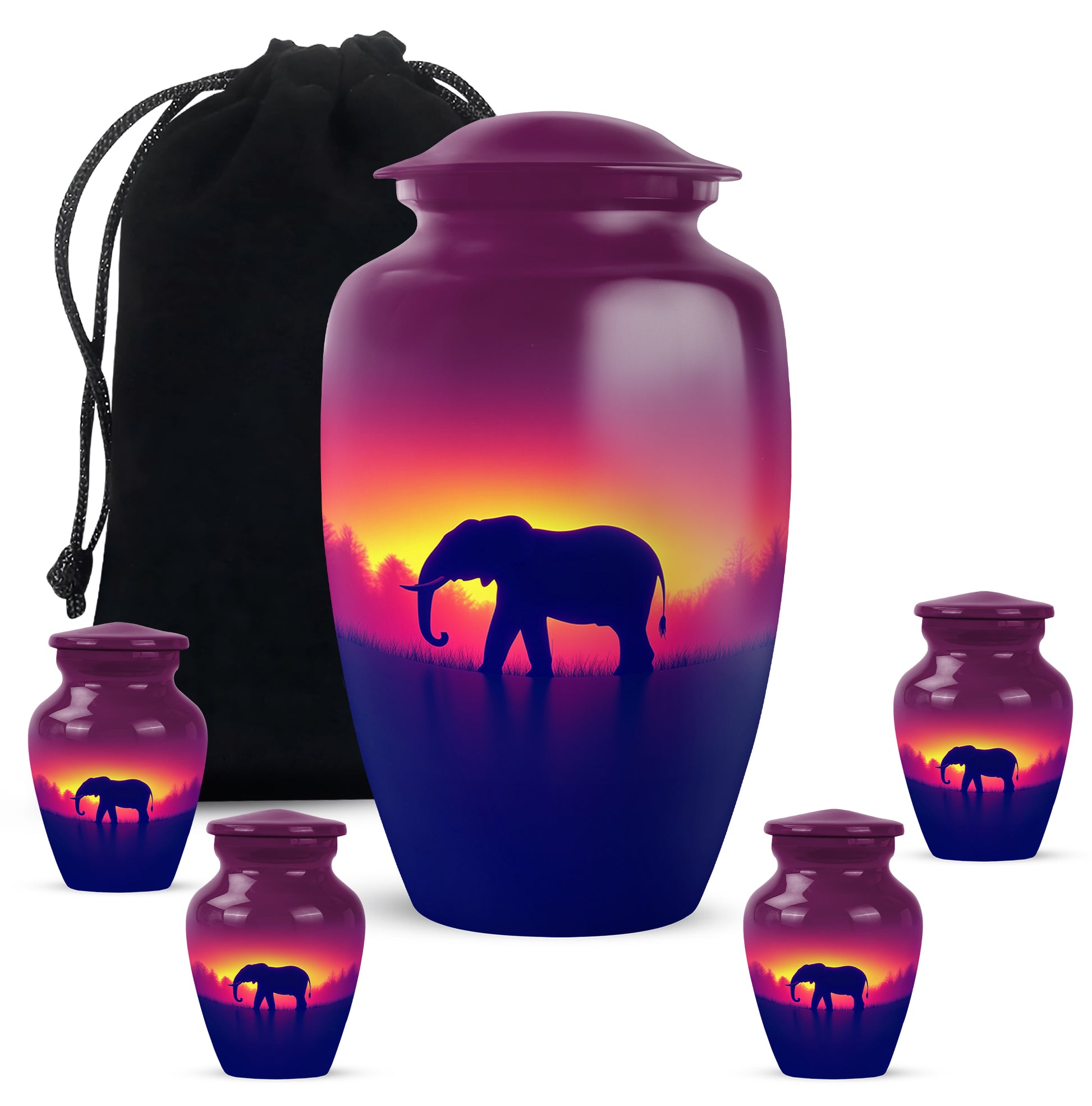 Pastel Pink Elephant Cremation Urn top-down view of secure threaded lid - timeless elephant motif etched into premium metal - memorial set with one large and four small urns
