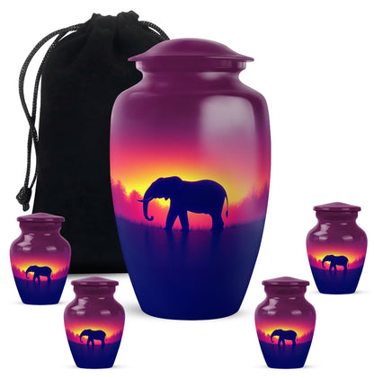 Pastel Pink Elephant Cremation Urn top-down view of secure threaded lid - timeless elephant motif etched into premium metal - memorial set with one large and four small urns