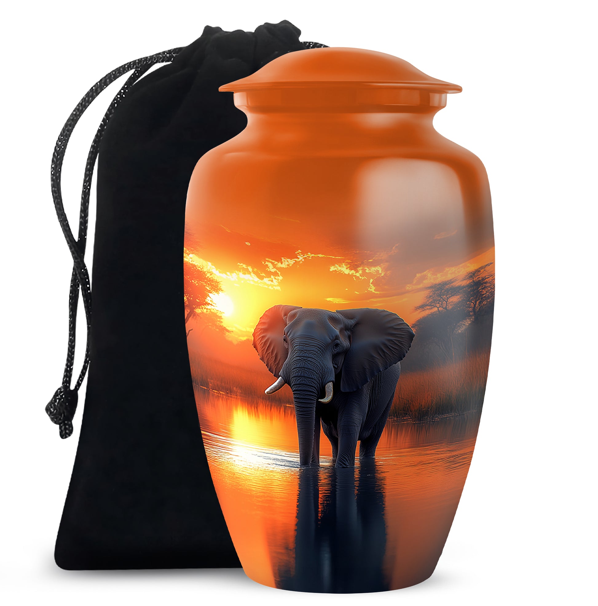 Antique Gold Elephant Cremation Urn angled view of lid and engraved motif - timeless elephant motif etched into premium metal - full-size 10 inch 200 cubic inch adult cremation urn
