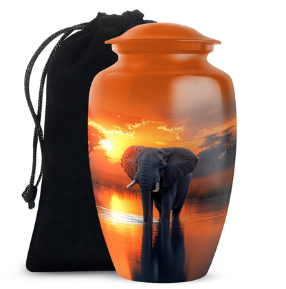 Antique Gold Elephant Cremation Urn angled view of lid and engraved motif - timeless elephant motif etched into premium metal - full-size 10 inch 200 cubic inch adult cremation urn