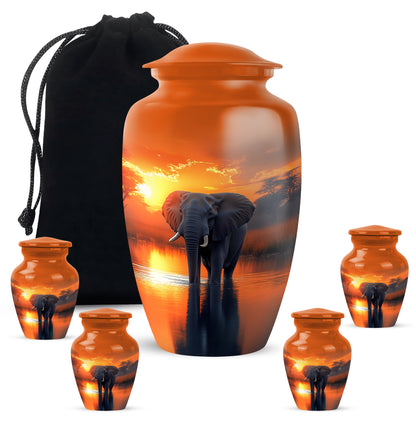 Harvest Gold Elephant Cremation Urn top-down view of secure threaded lid - traditional elephant engraving with hand-polished finish - memorial set with one large and four small urns