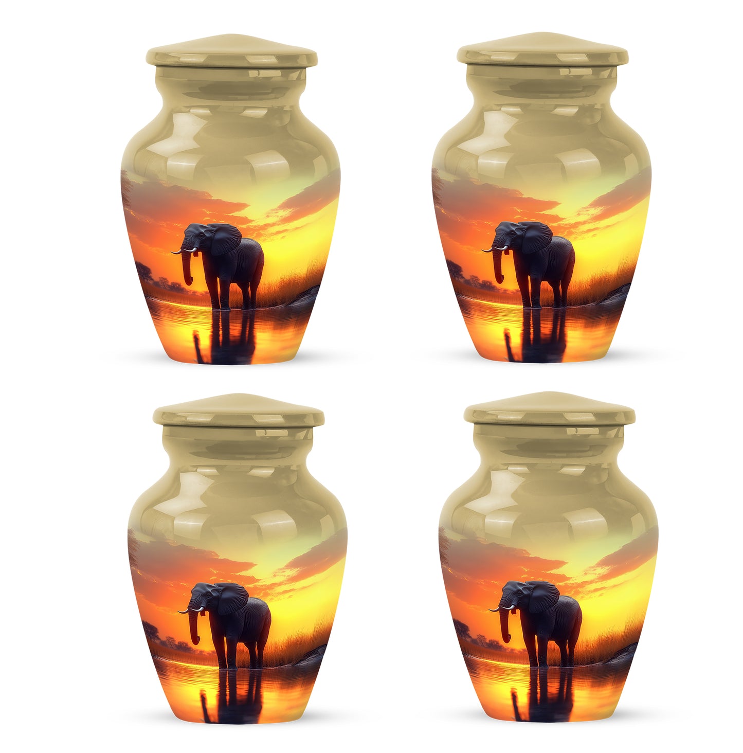 Harvest Gold Elephant Cremation Urn side profile showing urn shape - traditional elephant engraving with hand-polished finish - 10 inch aluminum urn for cremated remains
