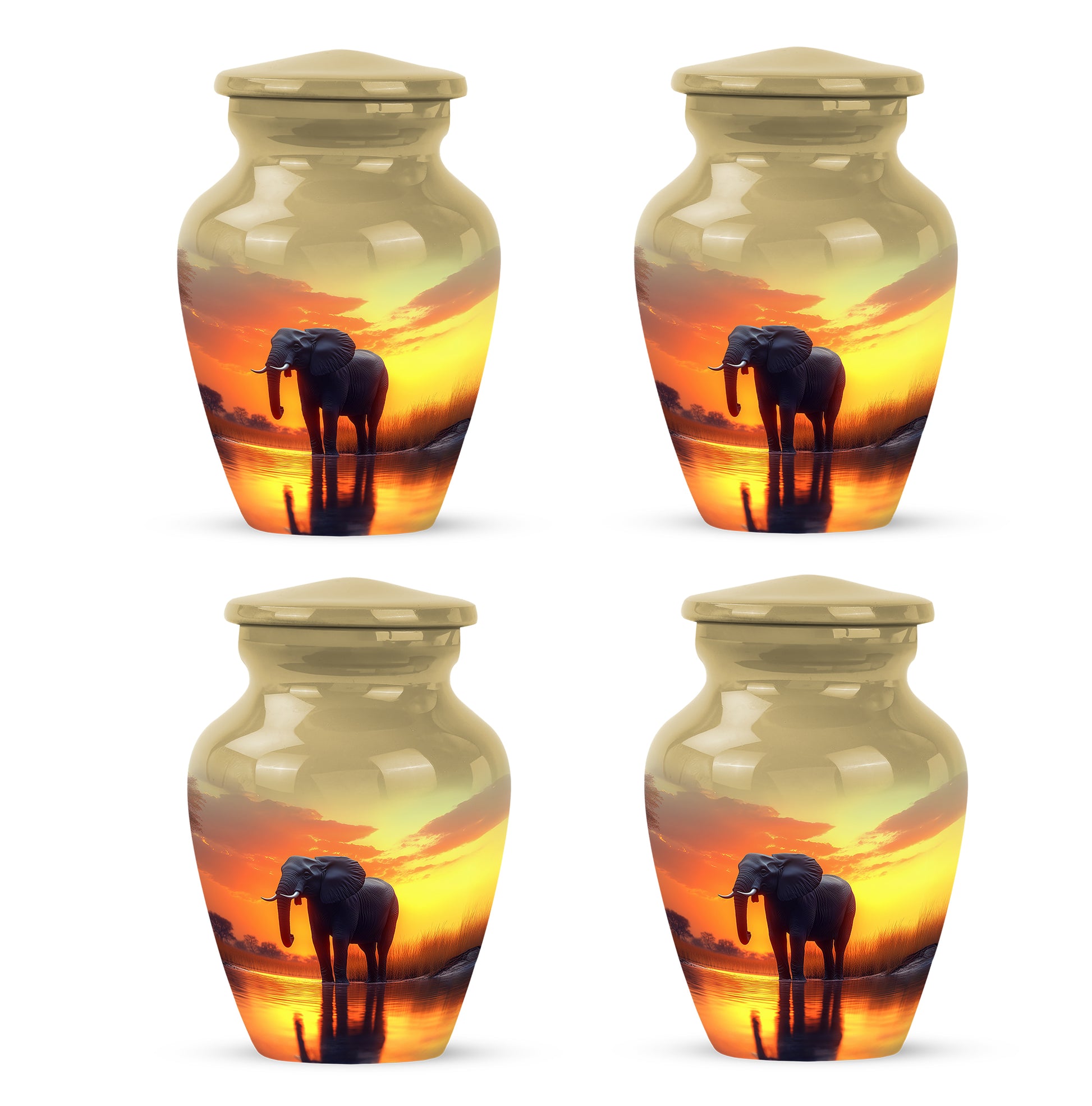 Harvest Gold Elephant Cremation Urn side profile showing urn shape - traditional elephant engraving with hand-polished finish - 10 inch aluminum urn for cremated remains