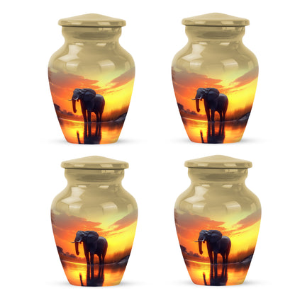 Harvest Gold Elephant Cremation Urn side profile showing urn shape - traditional elephant engraving with hand-polished finish - 10 inch aluminum urn for cremated remains