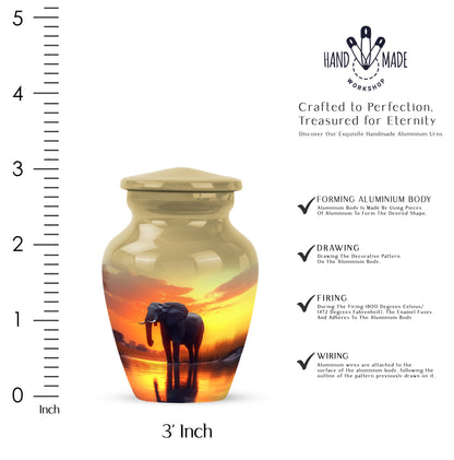 Amber Gold Elephant Cremation Urn close-up of engraving and surface detail - timeless elephant motif etched into premium metal - mini keepsake memorial for portion of cremation ashes