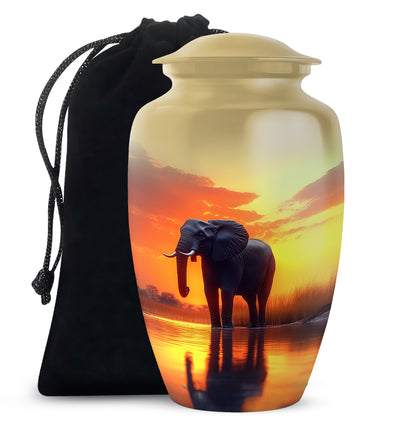 Warm Gold Elephant Cremation Urn angled view of lid and engraved motif - traditional elephant engraving with hand-polished finish - full-size 10 inch 200 cubic inch adult cremation urn