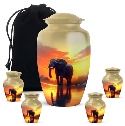 Amber Gold Elephant Cremation Urn top-down view of secure threaded lid - classic sculpted elephant pattern on smooth aluminum - memorial set with one large and four small urns