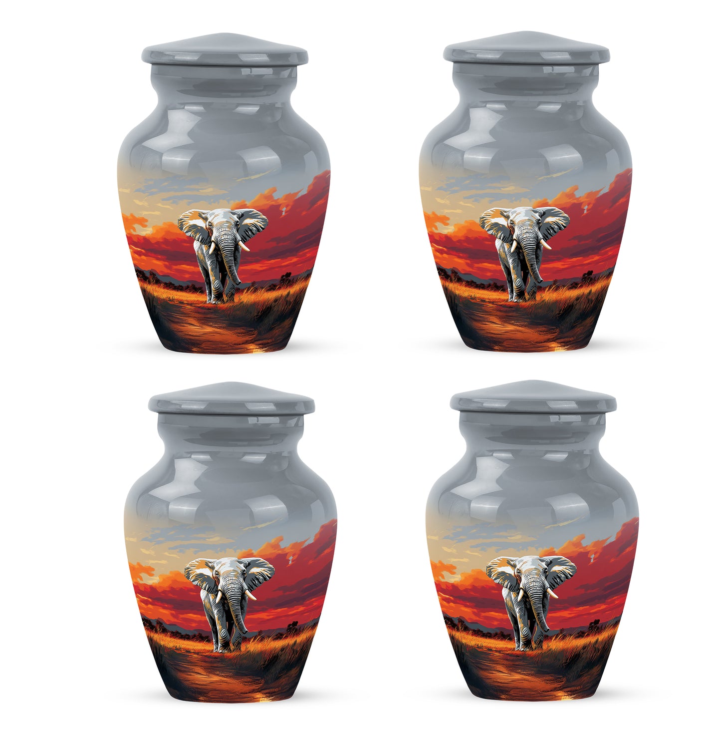 Mist Gray Elephant Cremation Urn side profile showing urn shape - timeless elephant motif etched into premium metal - 10 inch aluminum urn for cremated remains