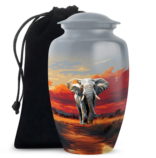 Slate Gray Elephant Cremation Urn angled view of lid and engraved motif - traditional elephant engraving with hand-polished finish - full-size 10 inch 200 cubic inch adult cremation urn