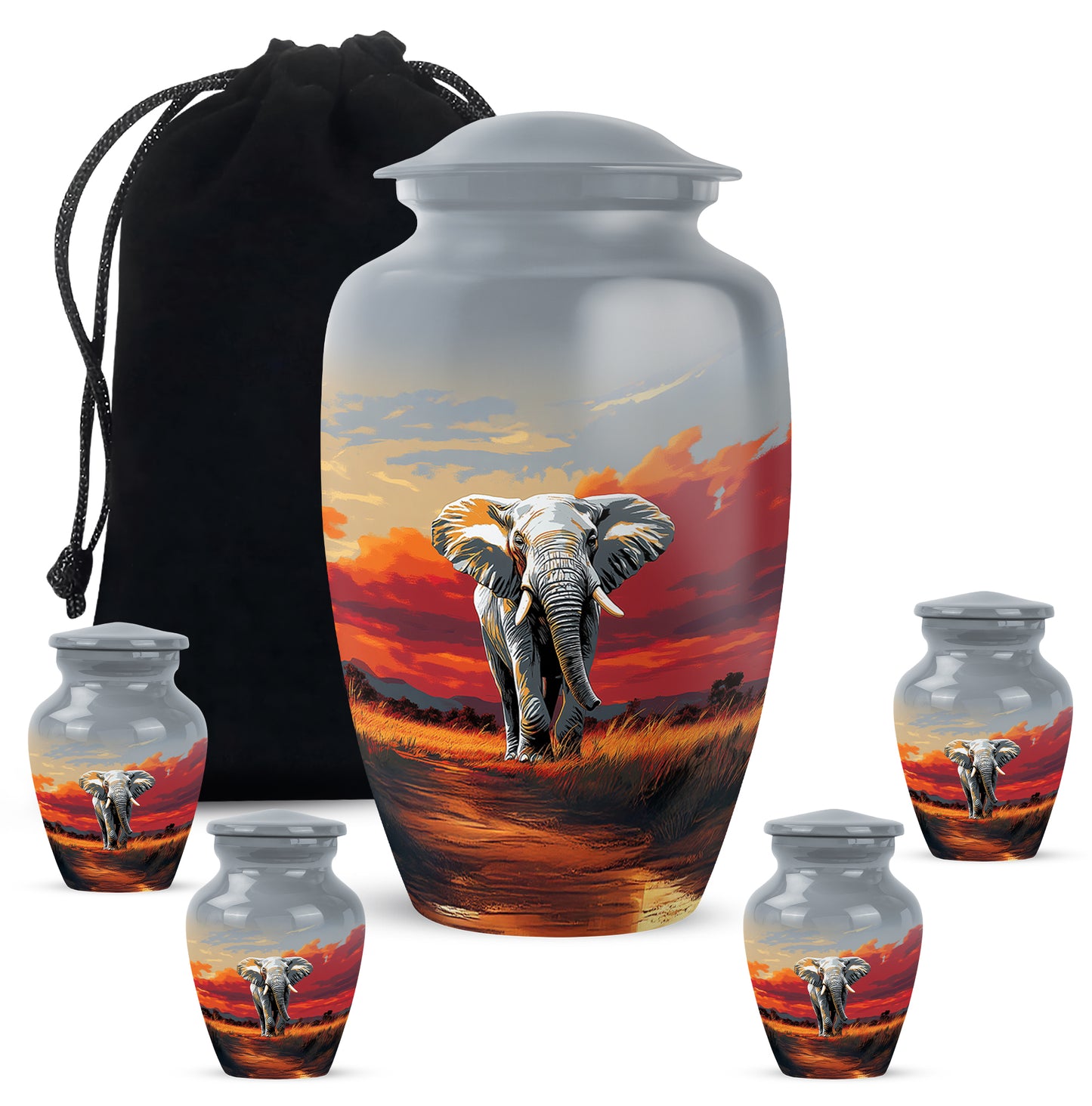 Charcoal Gray Elephant Cremation Urn top-down view of secure threaded lid - timeless elephant motif etched into premium metal - memorial set with one large and four small urns