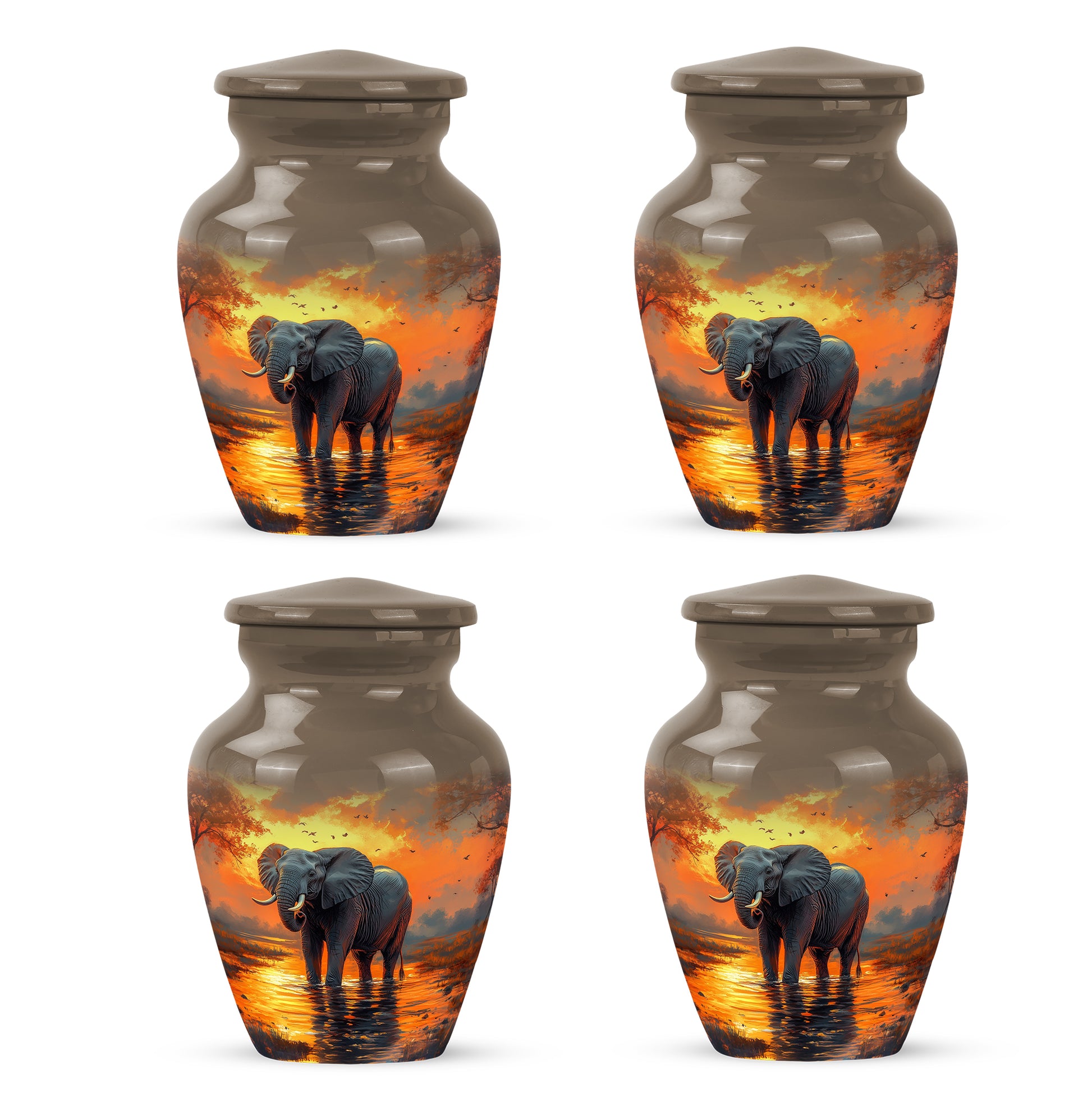 Antique Gold Elephant Cremation Urn side profile showing urn shape - timeless elephant motif etched into premium metal - 10 inch aluminum urn for cremated remains