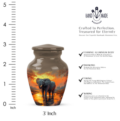 Burnished Gold Elephant Cremation Urn close-up of engraving and surface detail - traditional elephant engraving with hand-polished finish - mini keepsake memorial for portion of cremation ashes