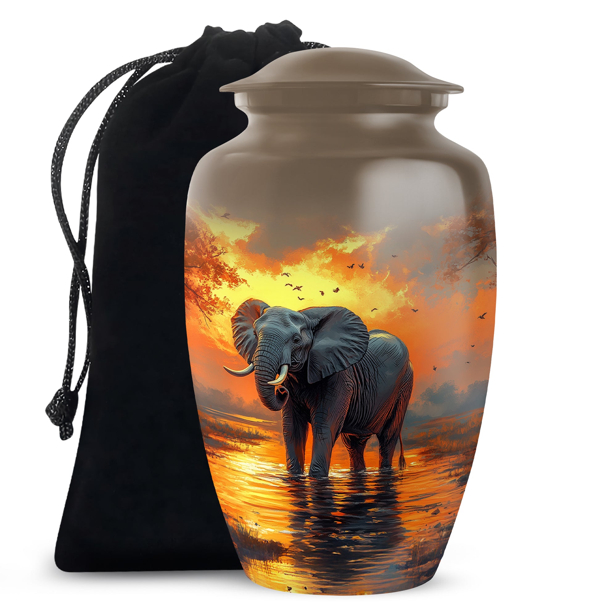Sunrise Gold Elephant Cremation Urn angled view of lid and engraved motif - timeless elephant motif etched into premium metal - full-size 10 inch 200 cubic inch adult cremation urn