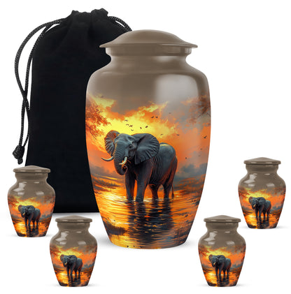 Burnished Gold Elephant Cremation Urn top-down view of secure threaded lid - traditional elephant engraving with hand-polished finish - memorial set with one large and four small urns