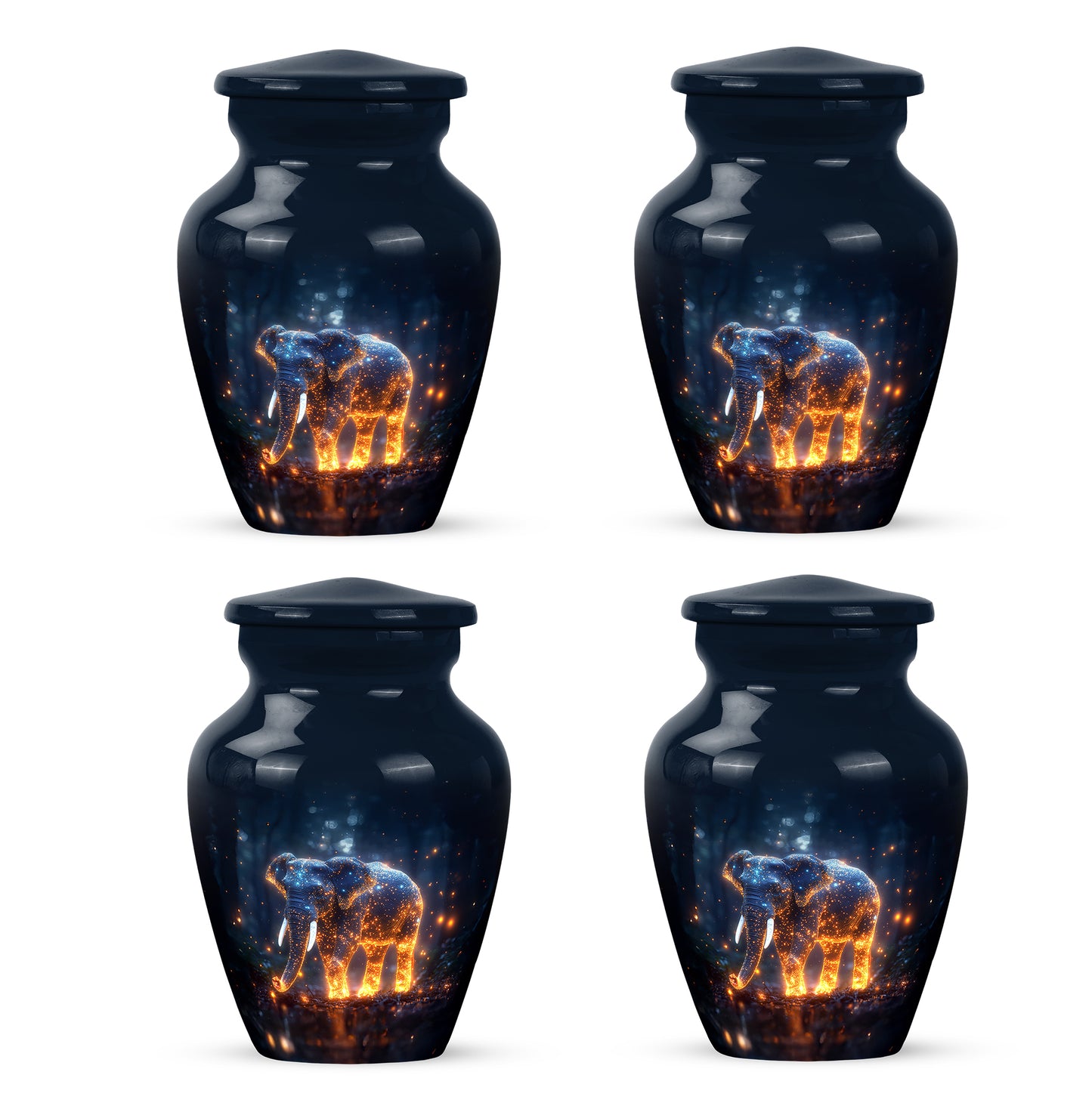 Royal Blue Elephant Cremation Urn side profile showing urn shape - elegant classic elephant relief with fine detailing - 10 inch aluminum urn for cremated remains