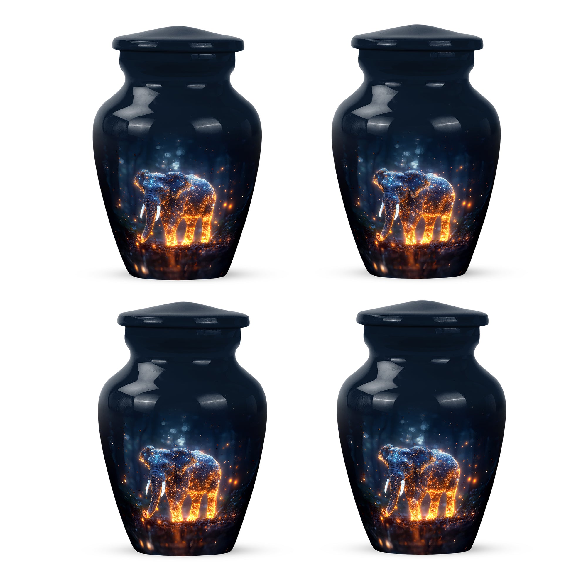 Royal Blue Elephant Cremation Urn side profile showing urn shape - elegant classic elephant relief with fine detailing - 10 inch aluminum urn for cremated remains