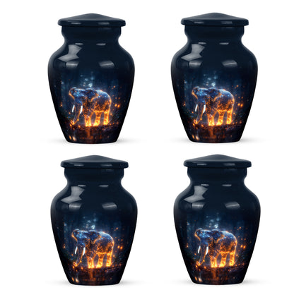 Royal Blue Elephant Cremation Urn side profile showing urn shape - elegant classic elephant relief with fine detailing - 10 inch aluminum urn for cremated remains