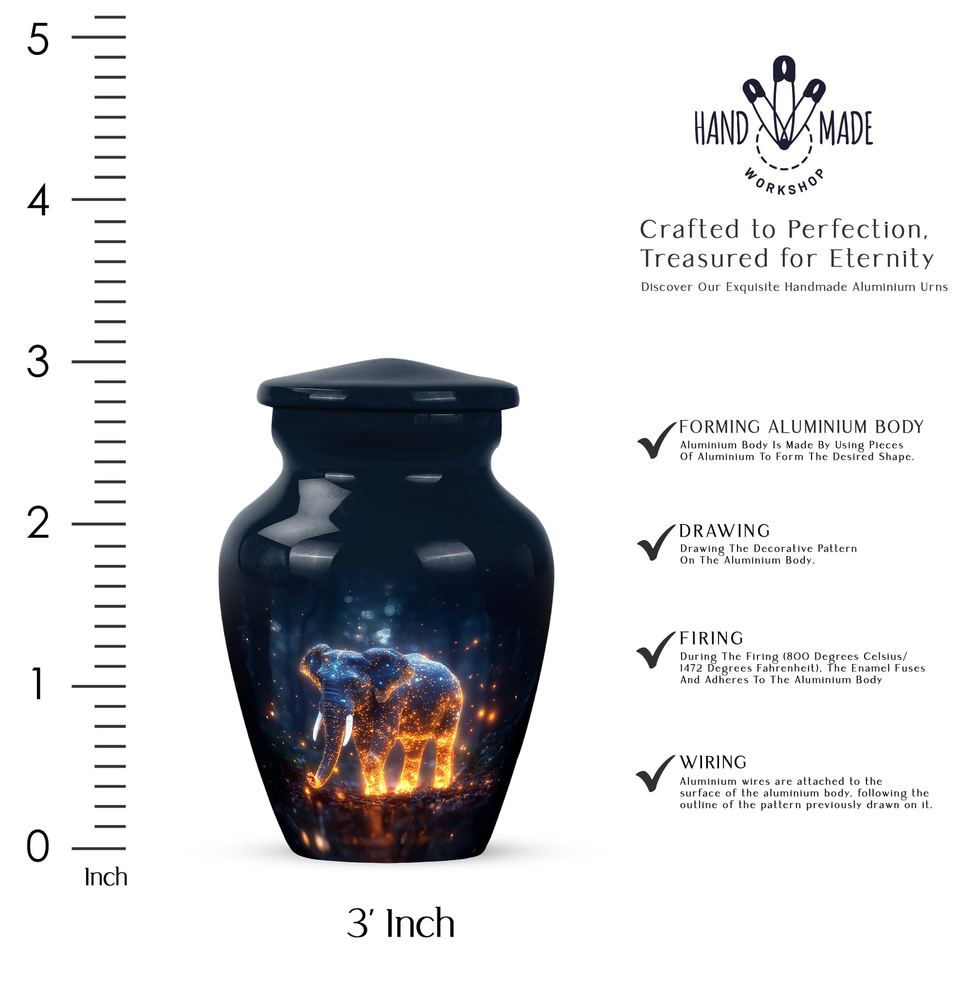 Azure Elephant Cremation Urn close-up of engraving and surface detail - timeless elephant motif etched into premium metal - mini keepsake memorial for portion of cremation ashes
