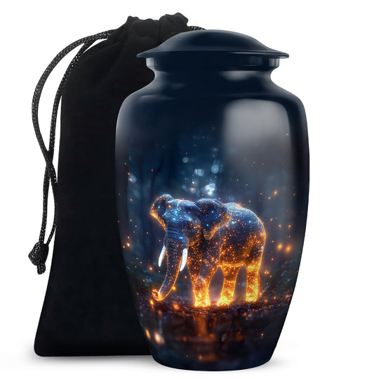 Misty Blue Elephant Cremation Urn angled view of lid and engraved motif - timeless elephant motif etched into premium metal - full-size 10 inch 200 cubic inch adult cremation urn