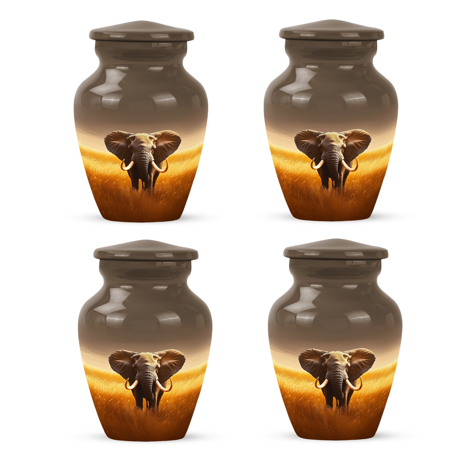 Sunrise Gold Elephant Cremation Urn side profile showing urn shape - timeless elephant motif etched into premium metal - 10 inch aluminum urn for cremated remains