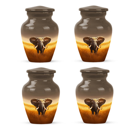 Sunrise Gold Elephant Cremation Urn side profile showing urn shape - timeless elephant motif etched into premium metal - 10 inch aluminum urn for cremated remains