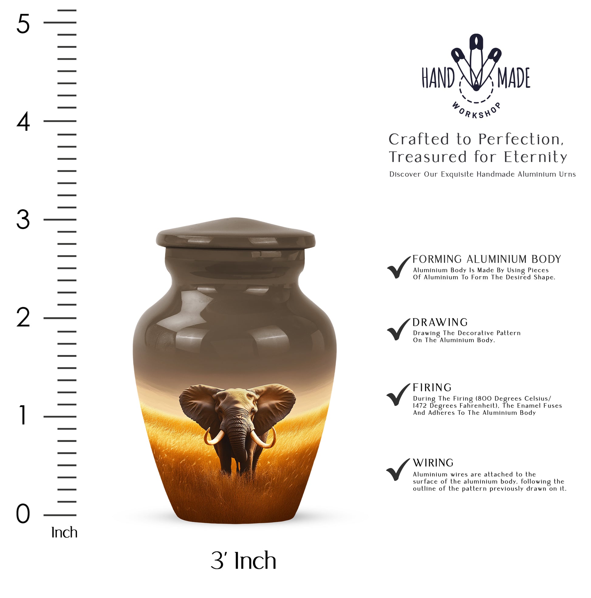 Royal Gold Elephant Cremation Urn close-up of engraving and surface detail - traditional elephant engraving with hand-polished finish - mini keepsake memorial for portion of cremation ashes