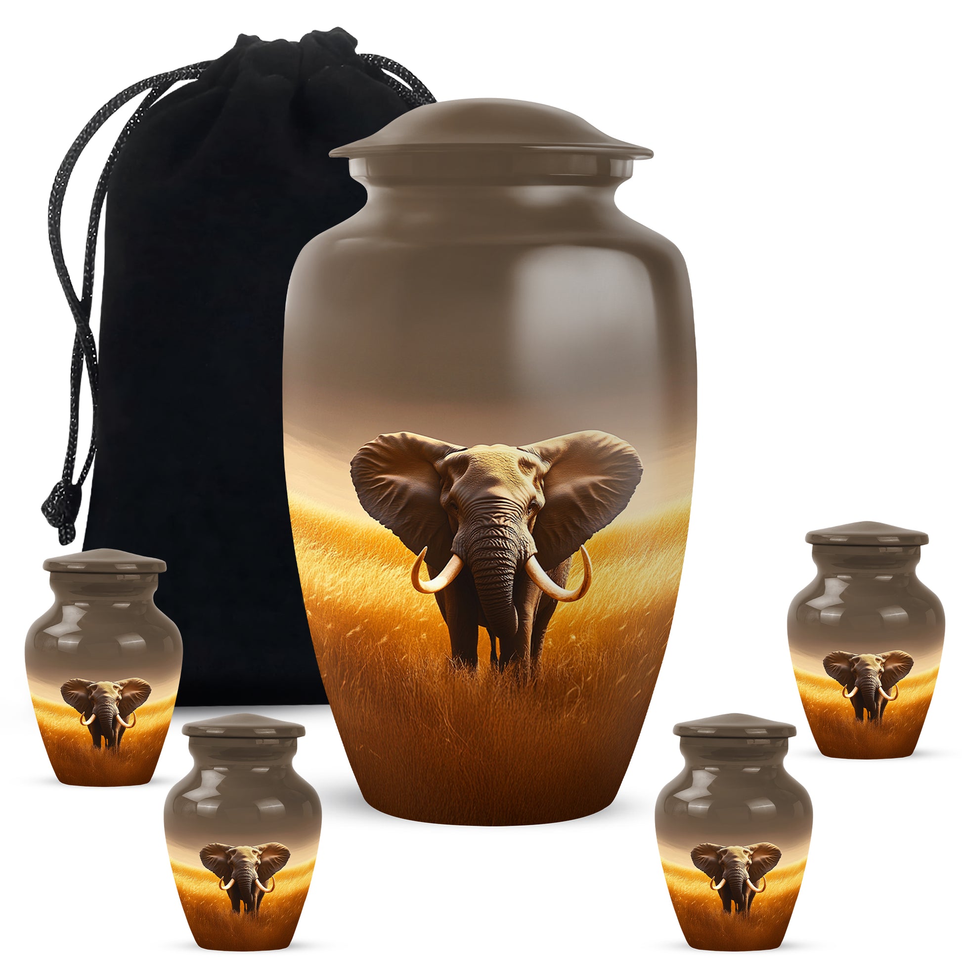 Burnished Gold Elephant Cremation Urn top-down view of secure threaded lid - elegant classic elephant relief with fine detailing - memorial set with one large and four small urns