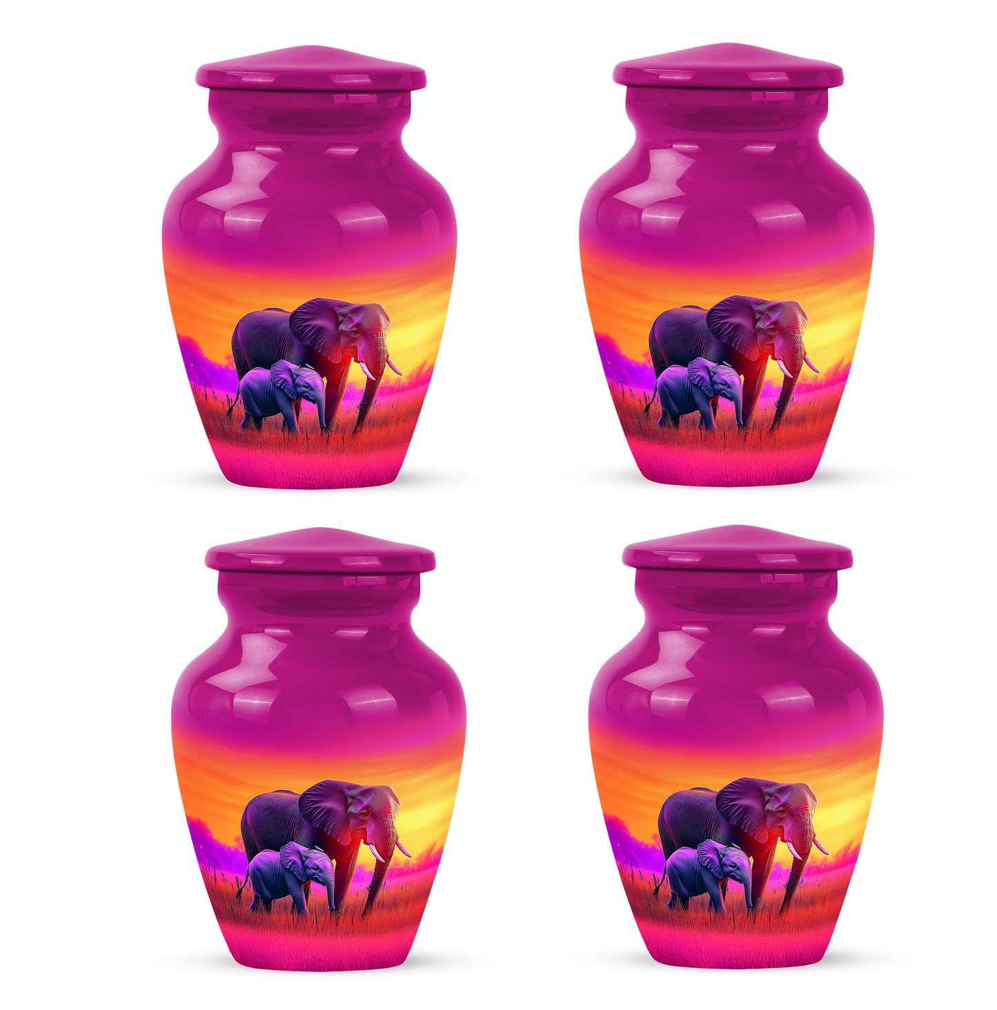 Dusty Pink Elephant Cremation Urn side profile showing urn shape - traditional elephant engraving with hand-polished finish - 10 inch aluminum urn for cremated remains
