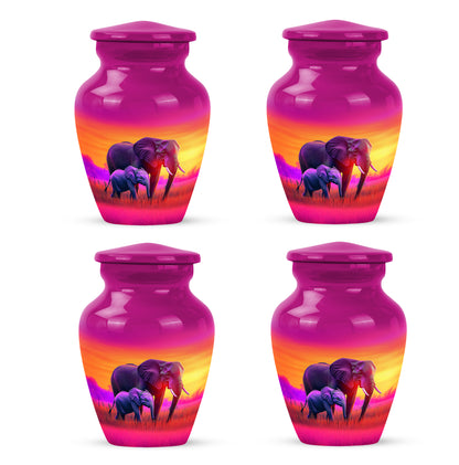 Dusty Pink Elephant Cremation Urn side profile showing urn shape - traditional elephant engraving with hand-polished finish - 10 inch aluminum urn for cremated remains
