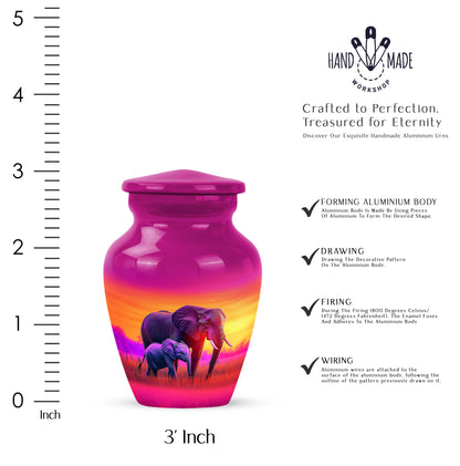 Vintage Pink Elephant Cremation Urn close-up of engraving and surface detail - traditional elephant engraving with hand-polished finish - mini keepsake memorial for portion of cremation ashes