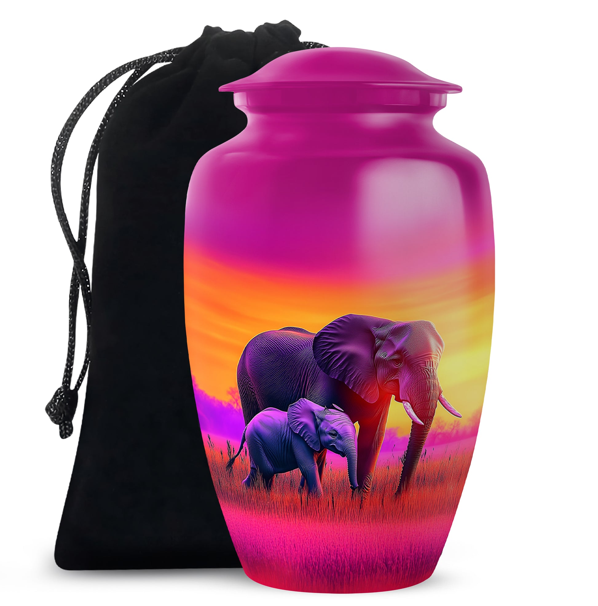 Coral Pink Elephant Cremation Urn angled view of lid and engraved motif - classic sculpted elephant pattern on smooth aluminum - full-size 10 inch 200 cubic inch adult cremation urn