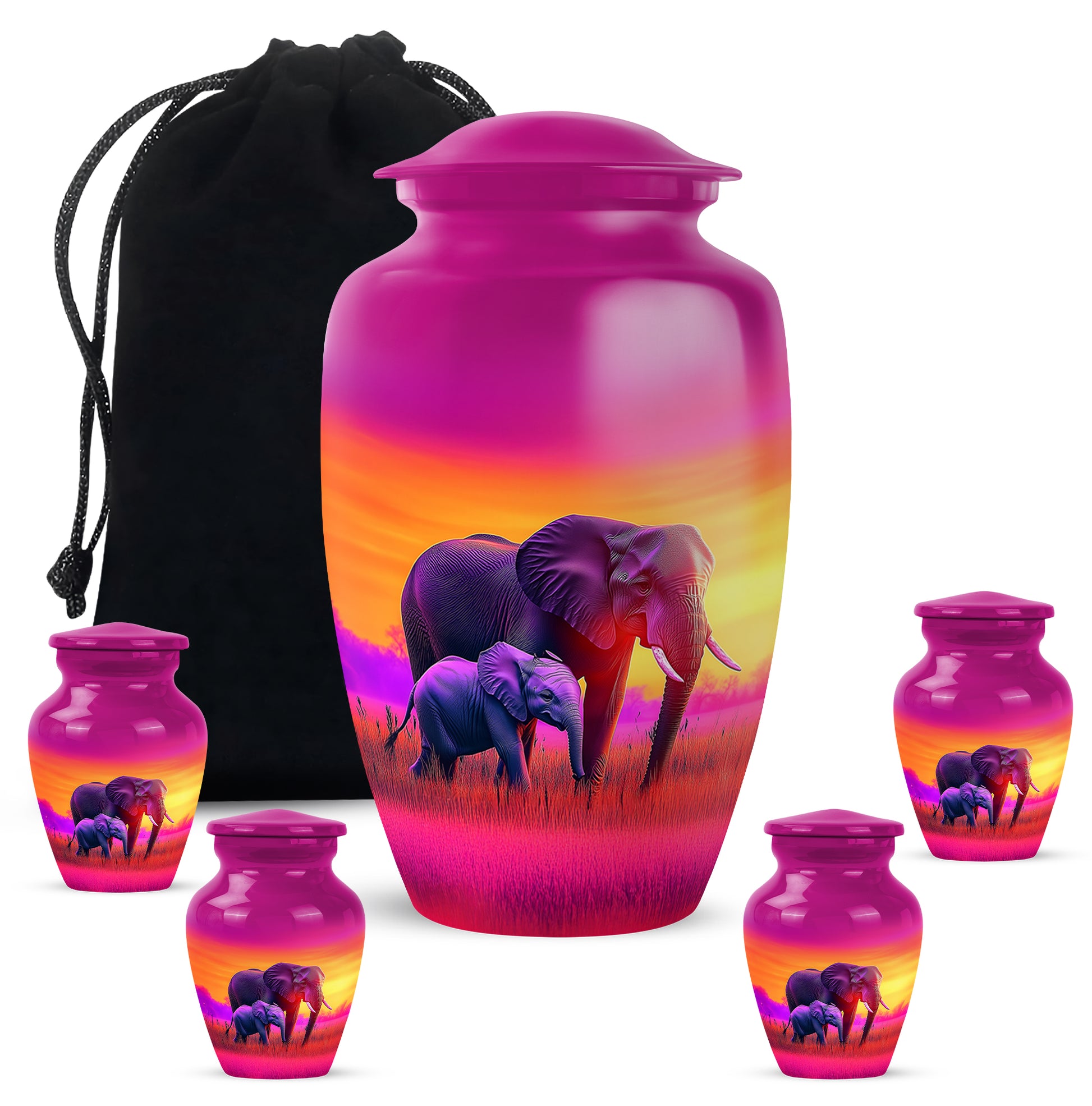Vintage Pink Elephant Cremation Urn top-down view of secure threaded lid - traditional elephant engraving with hand-polished finish - memorial set with one large and four small urns