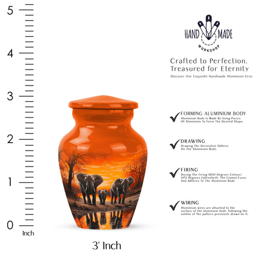 Amber Gold Elephant Cremation Urn close-up of engraving and surface detail - timeless elephant motif etched into premium metal - mini keepsake memorial for portion of cremation ashes