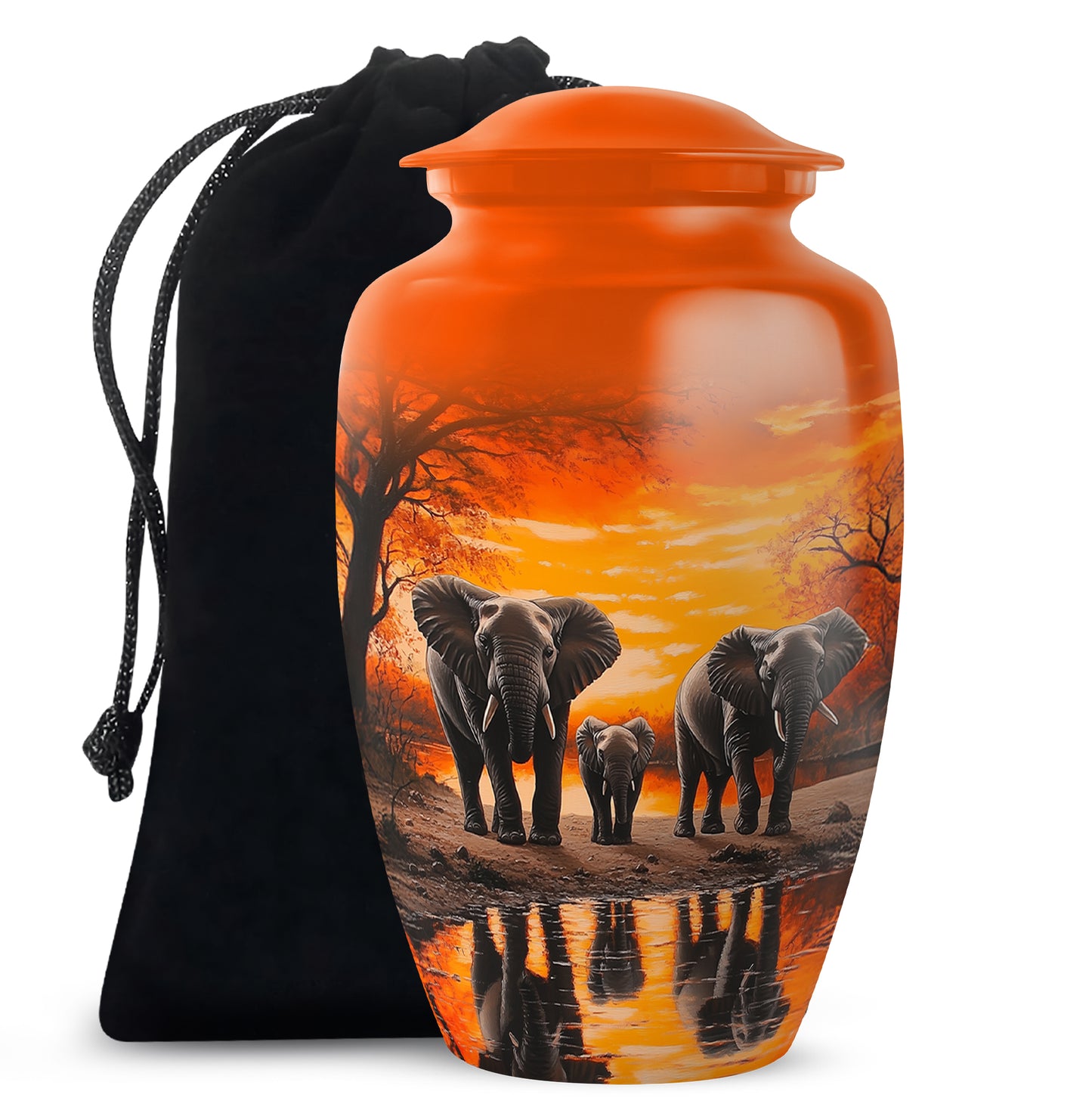 Sunrise Gold Elephant Cremation Urn angled view of lid and engraved motif - timeless elephant motif etched into premium metal - full-size 10 inch 200 cubic inch adult cremation urn