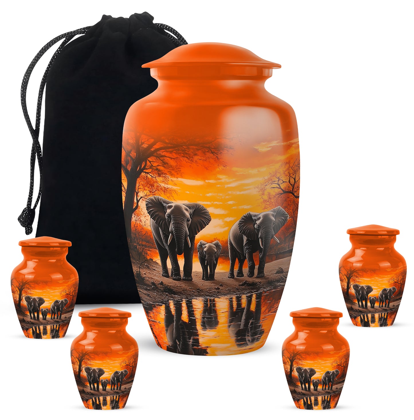 Amber Gold Elephant Cremation Urn top-down view of secure threaded lid - timeless elephant motif etched into premium metal - memorial set with one large and four small urns