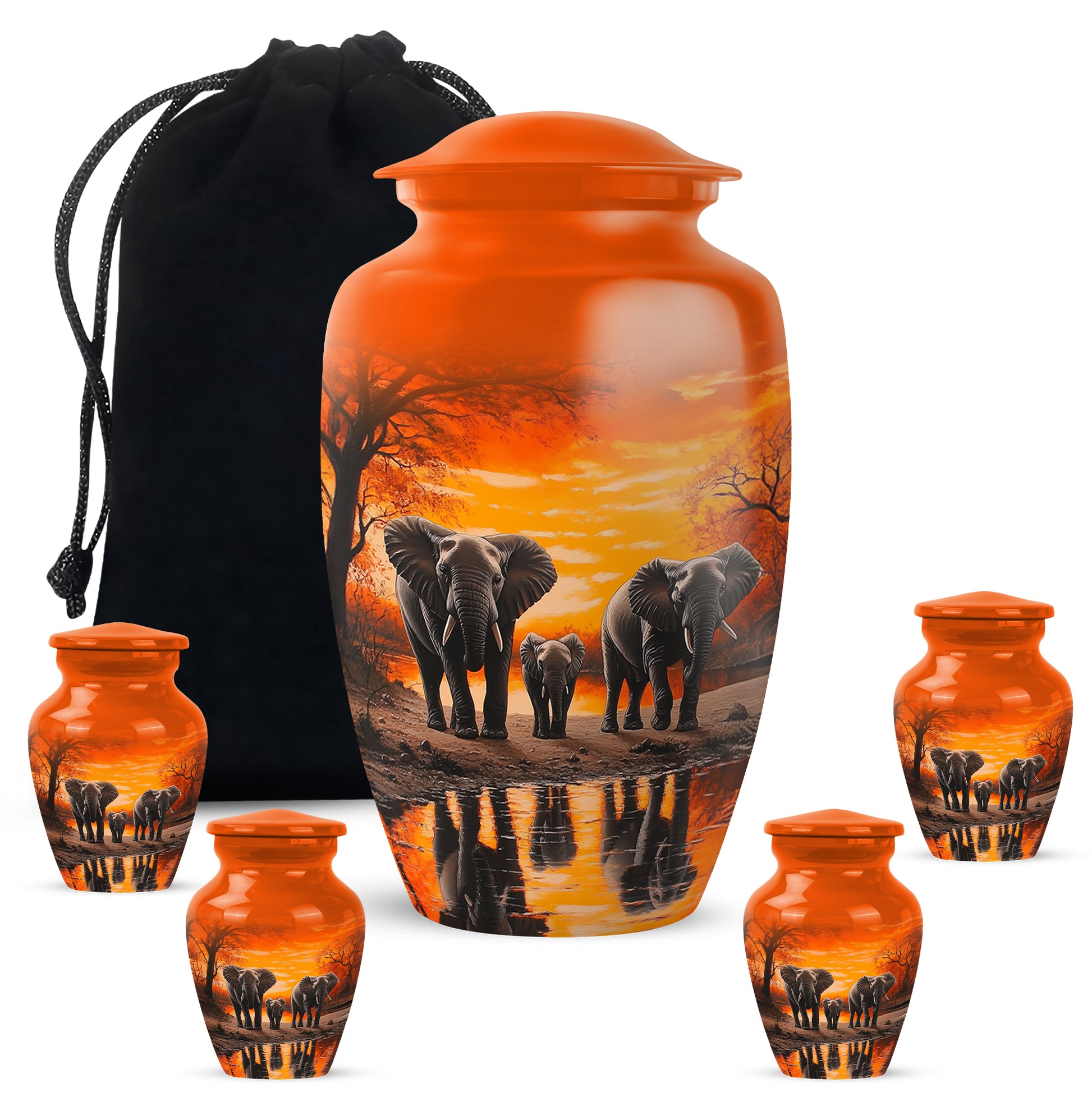 Amber Gold Elephant Cremation Urn top-down view of secure threaded lid - timeless elephant motif etched into premium metal - memorial set with one large and four small urns