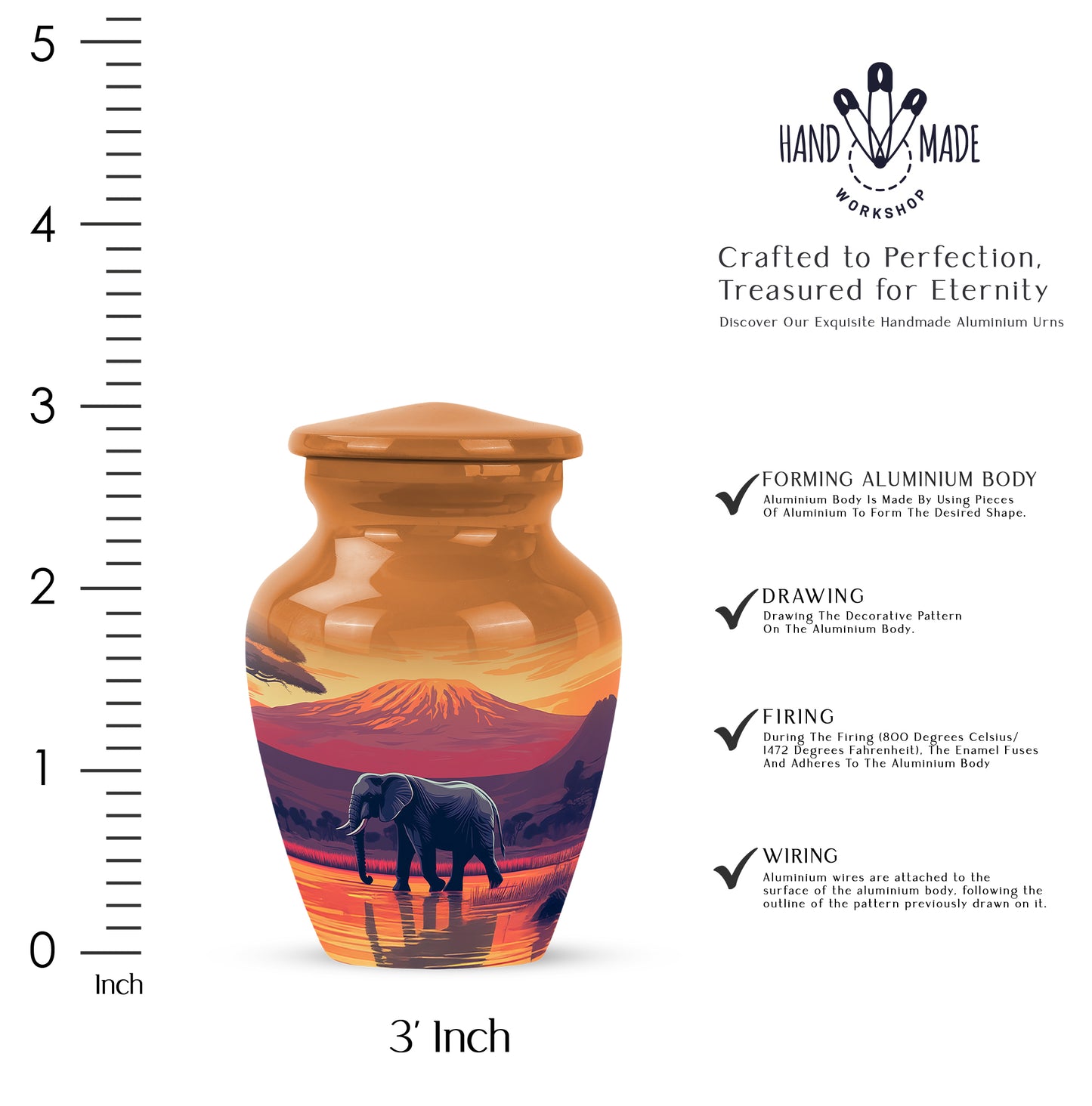 Warm Gold Elephant Cremation Urn close-up of engraving and surface detail - elegant classic elephant relief with fine detailing - mini keepsake memorial for portion of cremation ashes