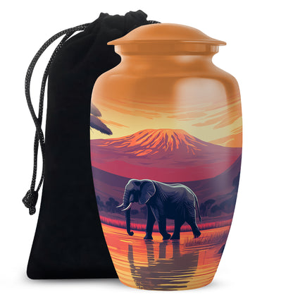 Matte Gold Elephant Cremation Urn angled view of lid and engraved motif - elegant classic elephant relief with fine detailing - full-size 10 inch 200 cubic inch adult cremation urn