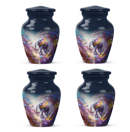Indigo Elephant Cremation Urn side profile showing urn shape - timeless elephant motif etched into premium metal - 10 inch aluminum urn for cremated remains