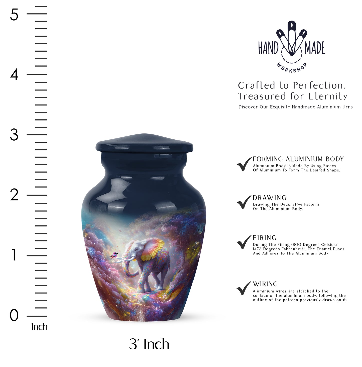 Vivid Blue Elephant Cremation Urn close-up of engraving and surface detail - traditional elephant engraving with hand-polished finish - mini keepsake memorial for portion of cremation ashes