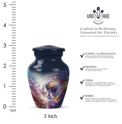 Vivid Blue Elephant Cremation Urn close-up of engraving and surface detail - traditional elephant engraving with hand-polished finish - mini keepsake memorial for portion of cremation ashes