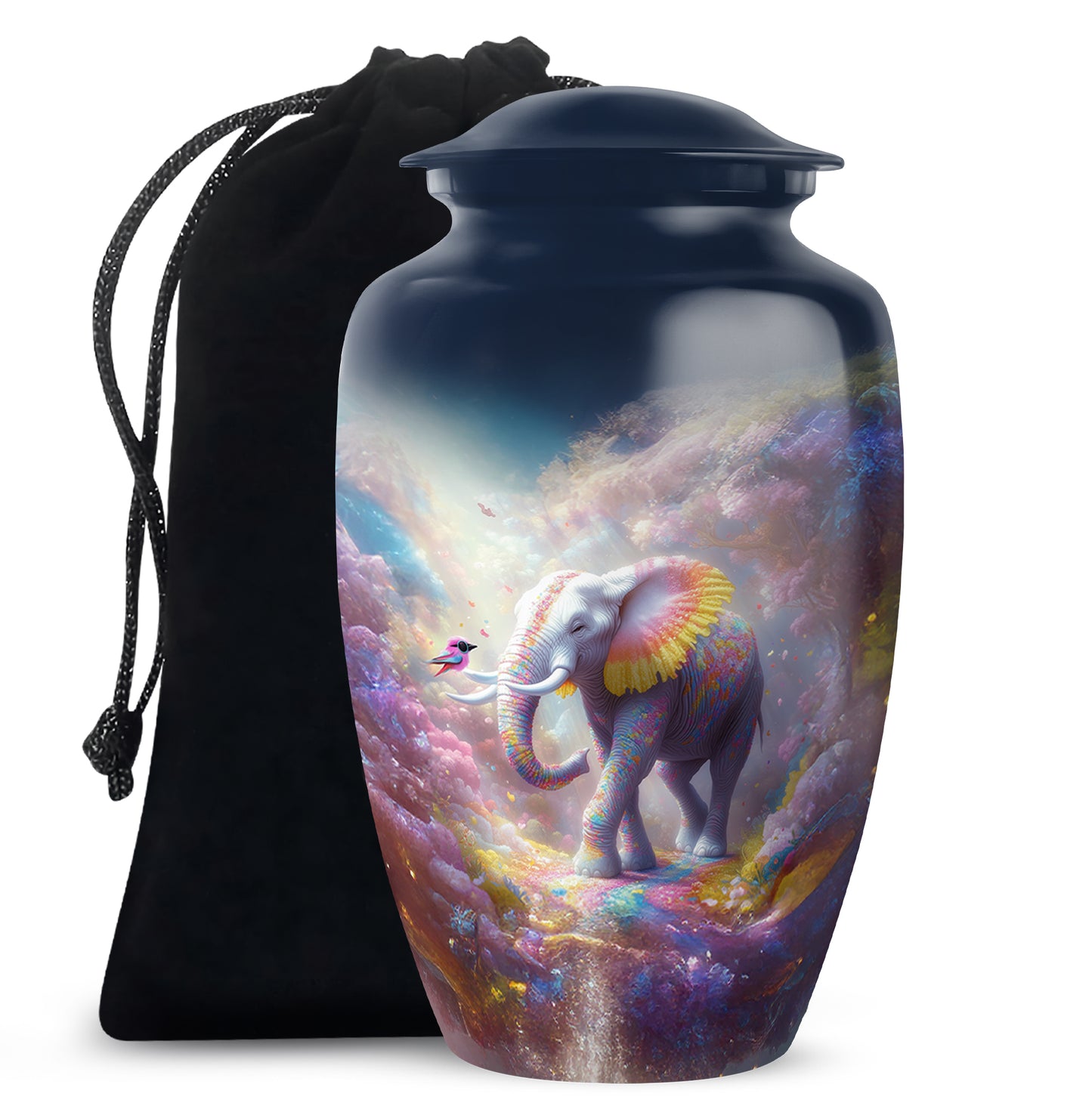 Sky Blue Elephant Cremation Urn angled view of lid and engraved motif - classic sculpted elephant pattern on smooth aluminum - full-size 10 inch 200 cubic inch adult cremation urn