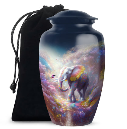 Sky Blue Elephant Cremation Urn angled view of lid and engraved motif - classic sculpted elephant pattern on smooth aluminum - full-size 10 inch 200 cubic inch adult cremation urn