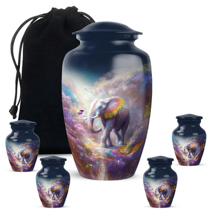 Sky Blue Elephant Cremation Urn top-down view of secure threaded lid - classic sculpted elephant pattern on smooth aluminum - memorial set with one large and four small urns