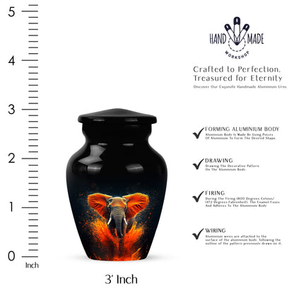 Jet Black Elephant Cremation Urn close-up of engraving and surface detail - classic sculpted elephant pattern on smooth aluminum - mini keepsake memorial for portion of cremation ashes