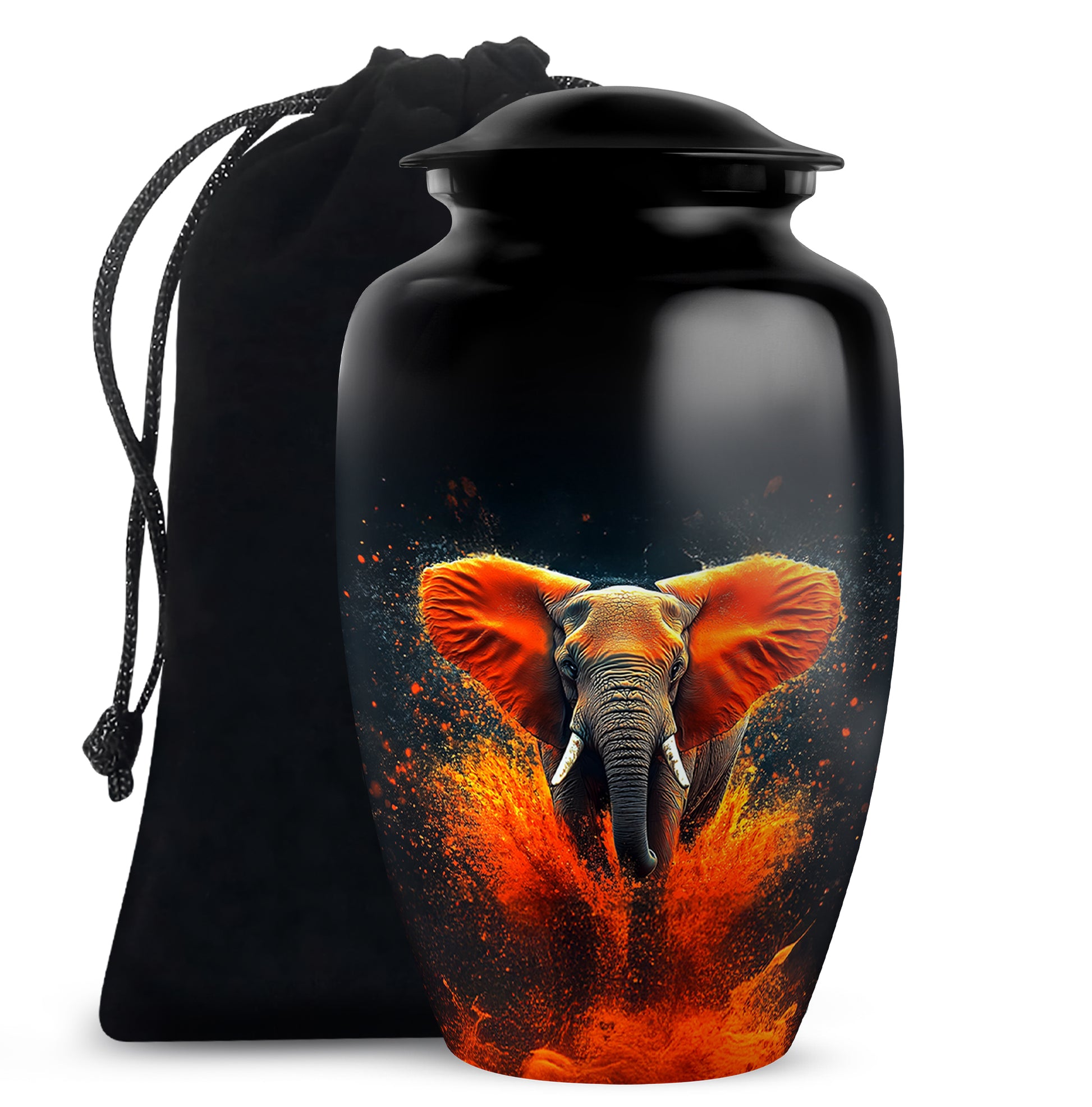 Glossy Black Elephant Cremation Urn angled view of lid and engraved motif - timeless elephant motif etched into premium metal - full-size 10 inch 200 cubic inch adult cremation urn