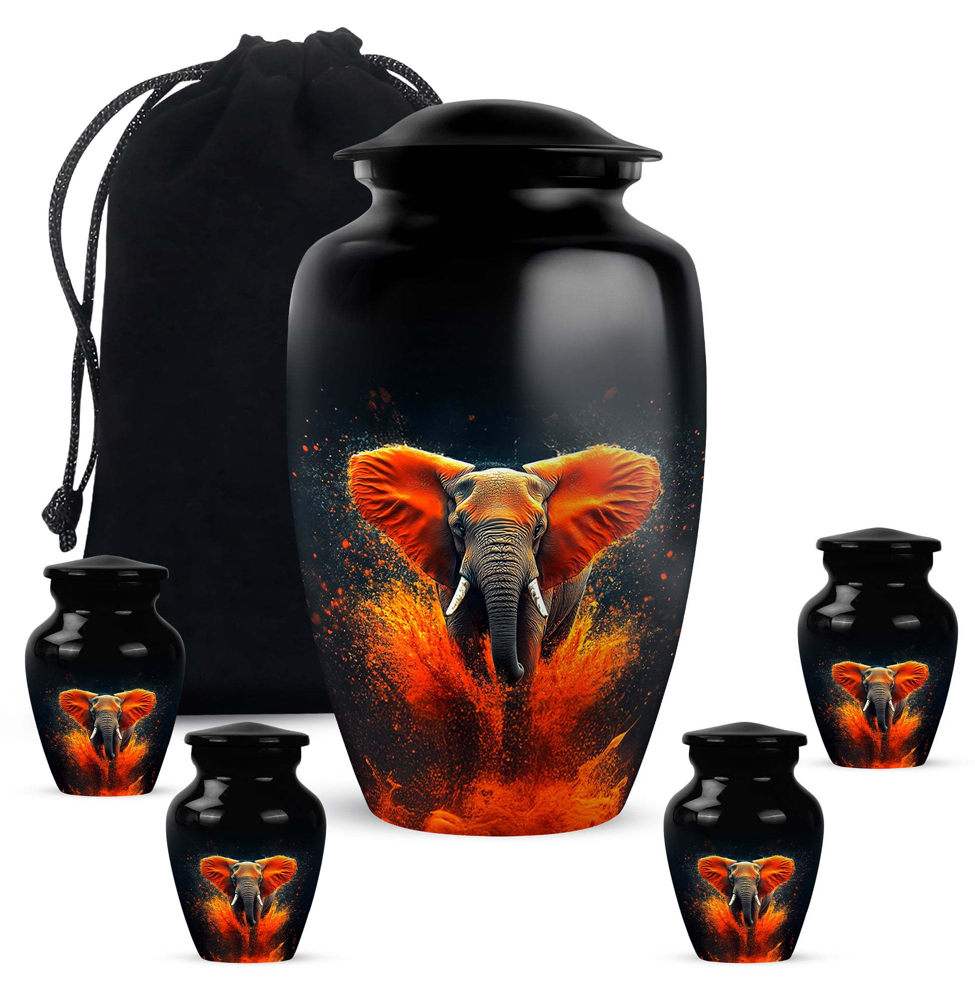 Glossy Black Elephant Cremation Urn top-down view of secure threaded lid - timeless elephant motif etched into premium metal - memorial set with one large and four small urns