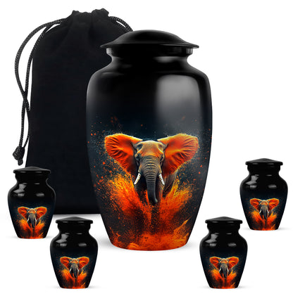 Glossy Black Elephant Cremation Urn top-down view of secure threaded lid - timeless elephant motif etched into premium metal - memorial set with one large and four small urns