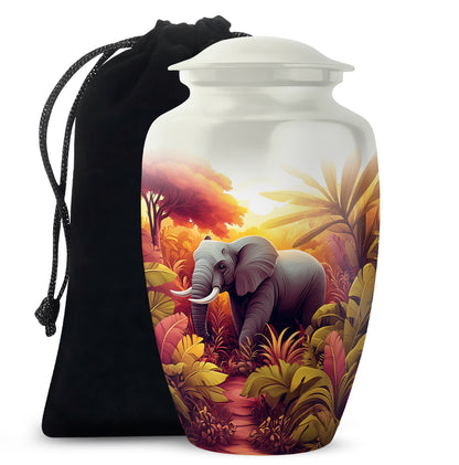 Antique Silver Elephant Cremation Urn angled view of lid and engraved motif - elegant classic elephant relief with fine detailing - full-size 10 inch 200 cubic inch adult cremation urn